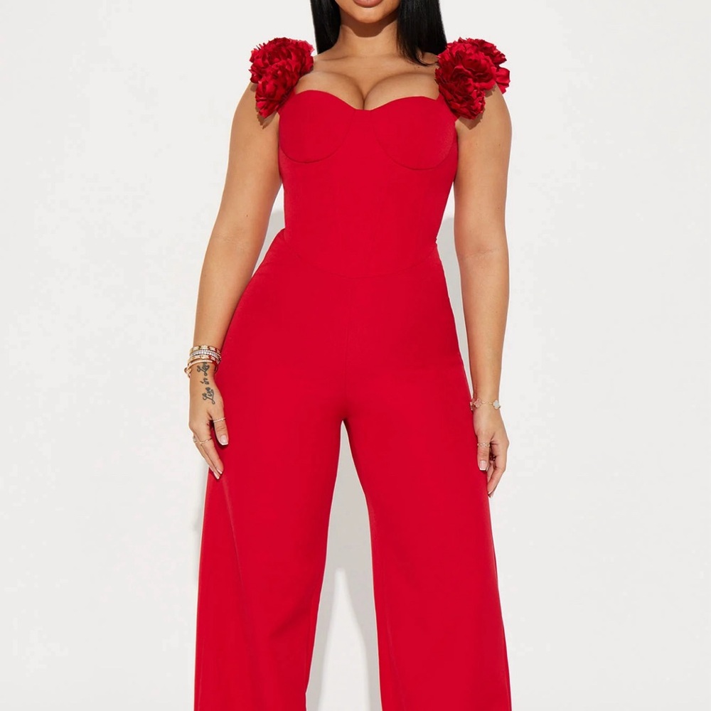 Red Jumpsuit with floral sleeves
